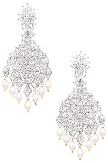 Silver Finish White Zircons and Pearl Dangler Earrings
