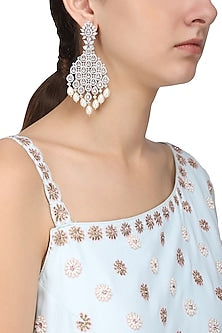 Silver Finish White Zircons and Pearl Dangler Earrings