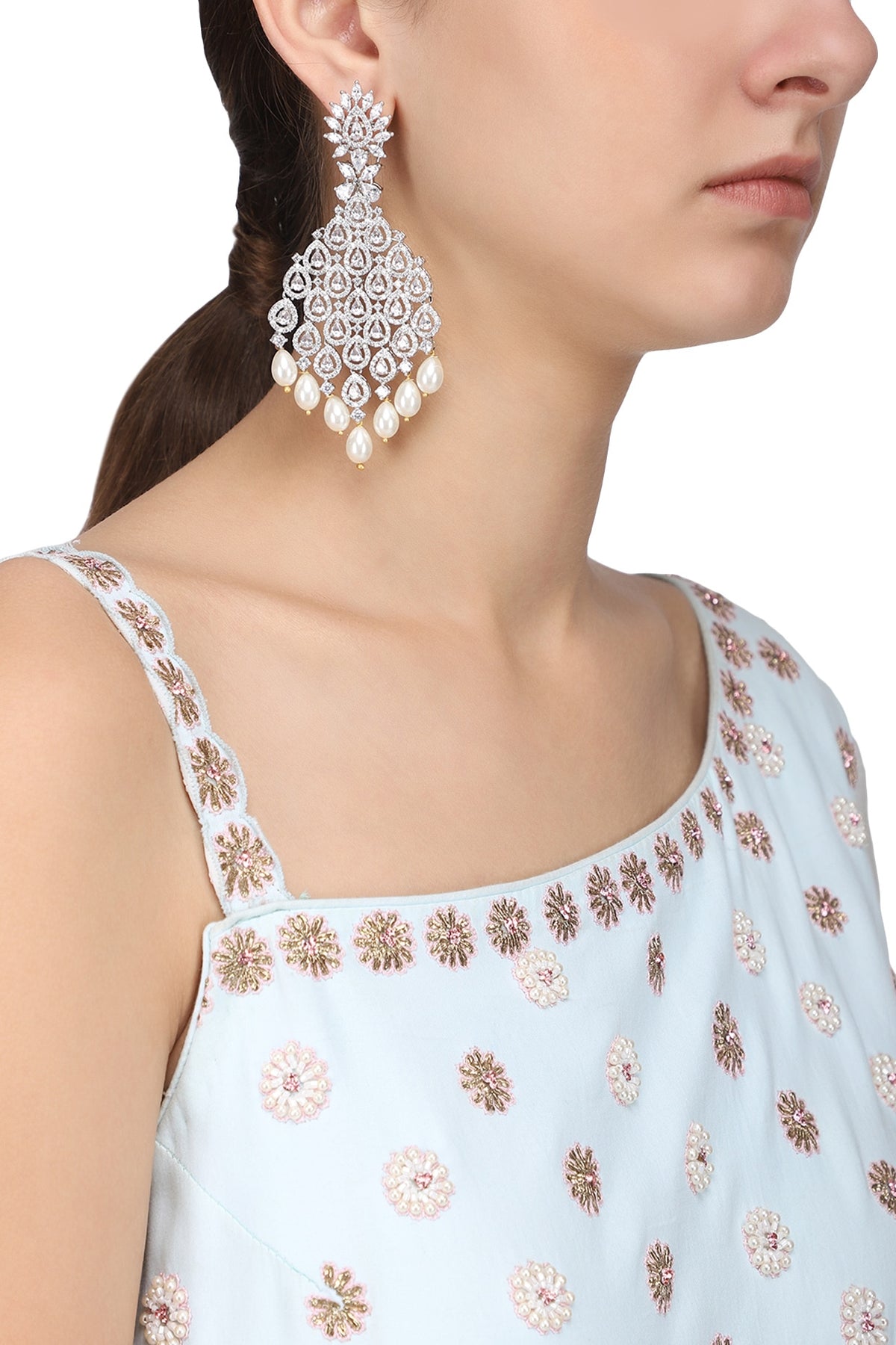 Silver Finish White Zircons and Pearl Dangler Earrings