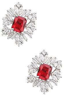 Silver Finish White and Red Zircon Stud Earrings