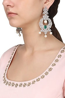 Silver Finish White and Green Zircons and Pearl Drop Earrings