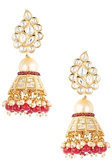 Gold Finish Kundan and Red Beads Jhumki Earrings