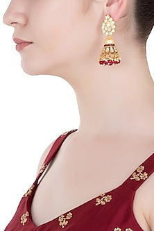 Gold Finish Kundan and Red Beads Jhumki Earrings