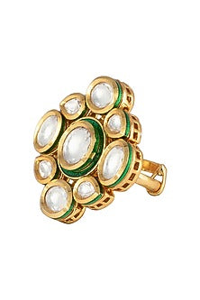 Gold Finish Kundan and Green Enamel Ring