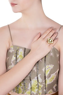 Gold Finish Kundan and Green Enamel Ring