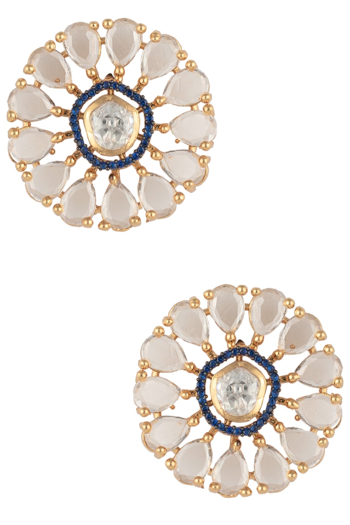 Gold Finish Blue Zircon Flower Stud Earrings