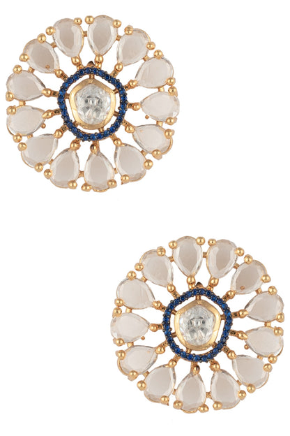 Gold Finish Blue Zircon Flower Stud Earrings