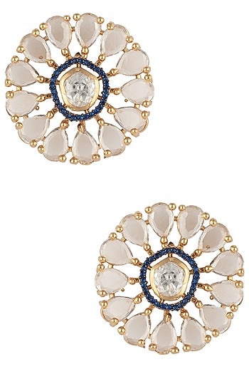 Gold Finish Blue Zircon Flower Stud Earrings