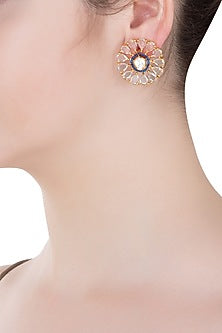 Gold Finish Blue Zircon Flower Stud Earrings