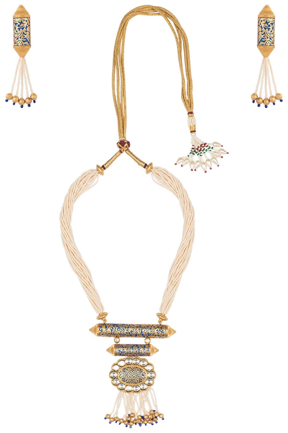 Gold Finish Kundan and Blue Enamel Pearls Necklace Set