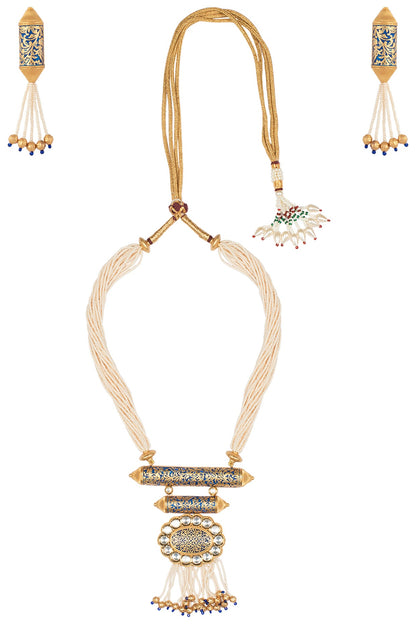 Gold Finish Kundan and Blue Enamel Pearls Necklace Set