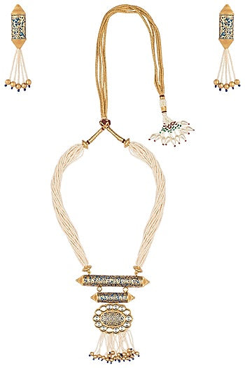 Gold Finish Kundan and Blue Enamel Pearls Necklace Set