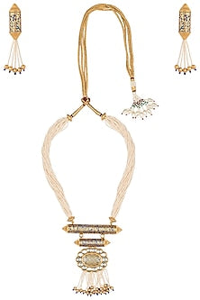 Gold Finish Kundan and Blue Enamel Pearls Necklace Set
