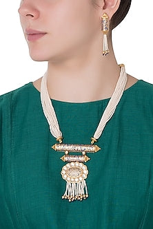 Gold Finish Kundan and Blue Enamel Pearls Necklace Set