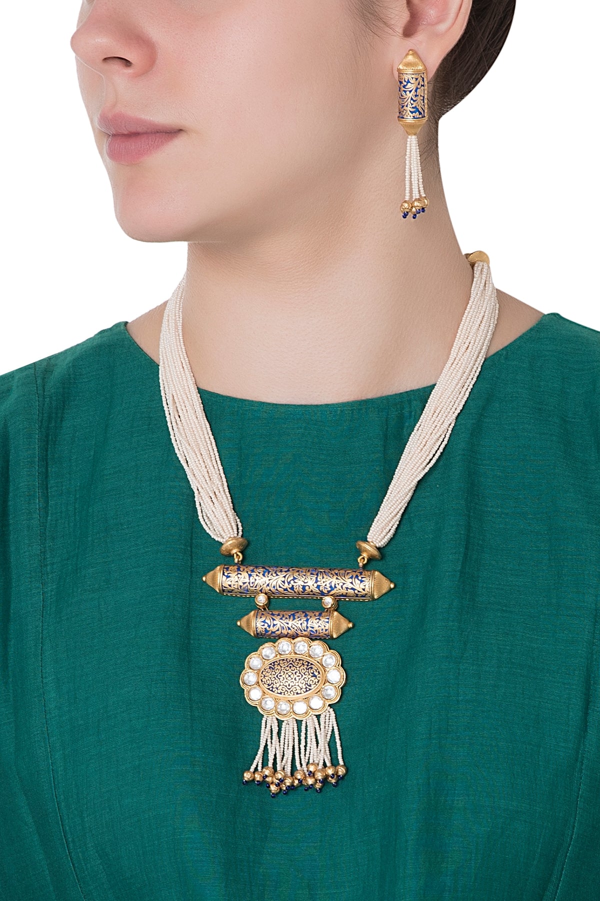 Gold Finish Kundan and Blue Enamel Pearls Necklace Set