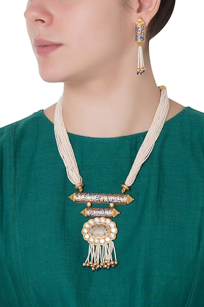 Gold Finish Kundan and Blue Enamel Pearls Necklace Set