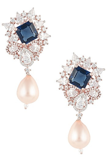 Rose Gold Finish Zircon, Blue Stone and Pearl Earrings