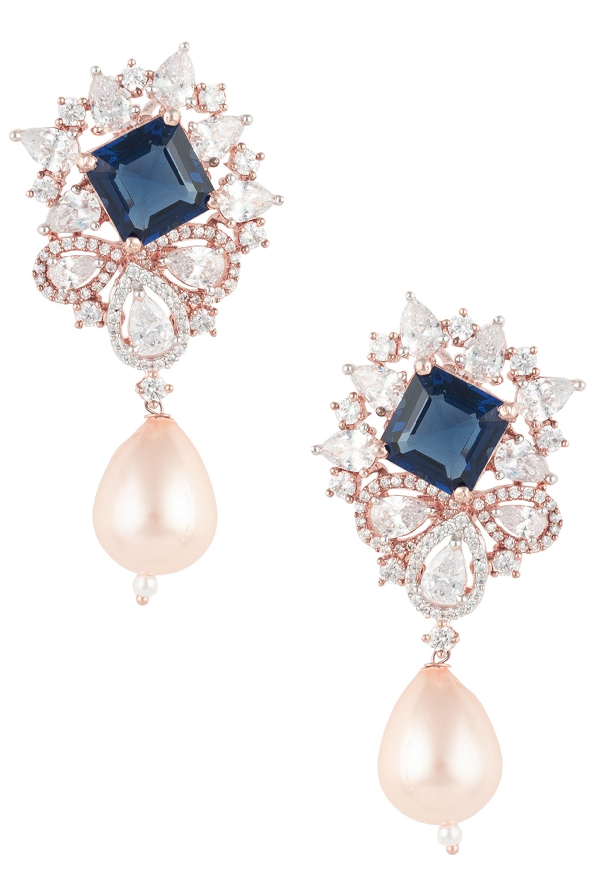 Rose Gold Finish Zircon, Blue Stone and Pearl Earrings