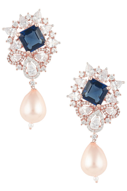 Rose Gold Finish Zircon, Blue Stone and Pearl Earrings
