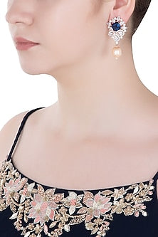 Rose Gold Finish Zircon, Blue Stone and Pearl Earrings
