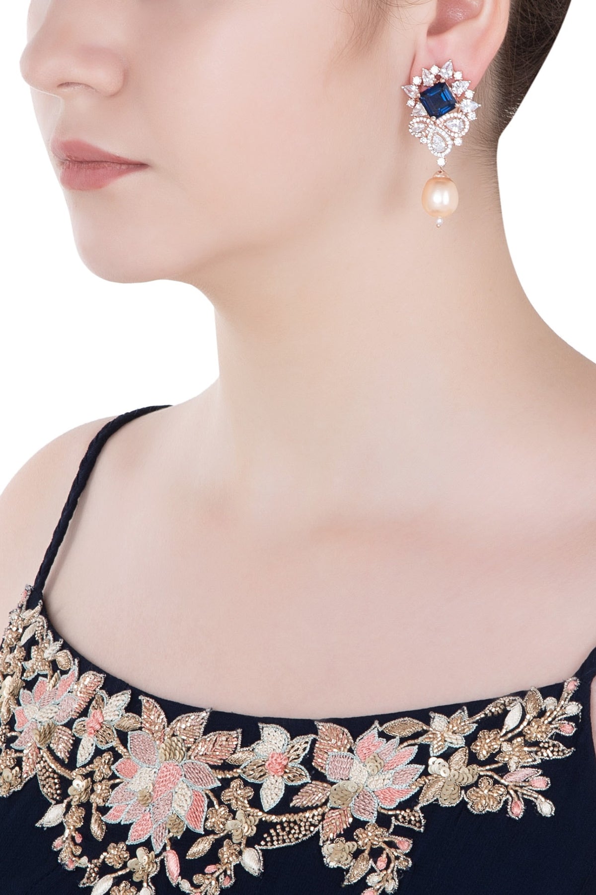 Rose Gold Finish Zircon, Blue Stone and Pearl Earrings