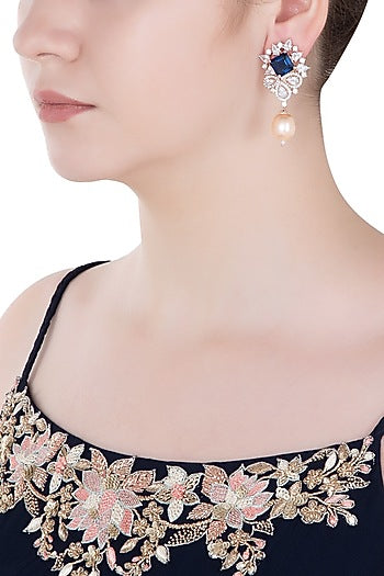 Rose Gold Finish Zircon, Blue Stone and Pearl Earrings