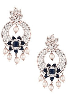 Rose Gold Finish Zircon, Blue Stone and Pearls Chandbali Earrings