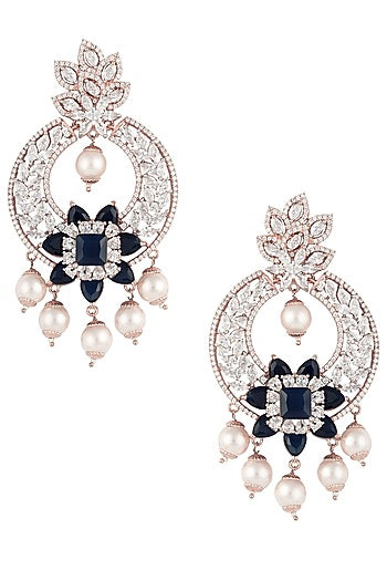 Rose Gold Finish Zircon, Blue Stone and Pearls Chandbali Earrings