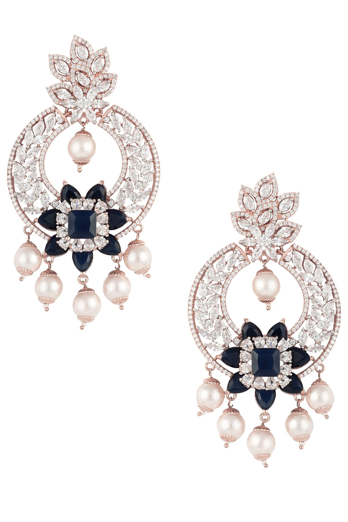 Rose Gold Finish Zircon, Blue Stone and Pearls Chandbali Earrings