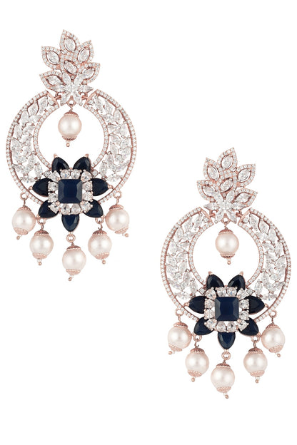 Rose Gold Finish Zircon, Blue Stone and Pearls Chandbali Earrings