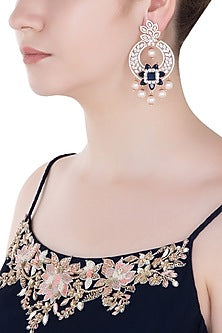Rose Gold Finish Zircon, Blue Stone and Pearls Chandbali Earrings