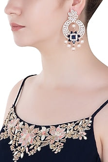 Rose Gold Finish Zircon, Blue Stone and Pearls Chandbali Earrings