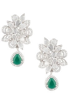 Silver Finish Zircon and Green Stone Earrings