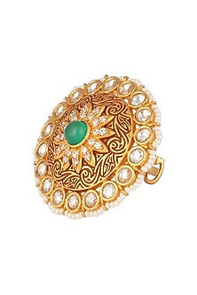 Gold Finish Kundan, Maroon Enamel and Green Stone Ring