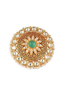 Gold Finish Kundan, Maroon Enamel and Green Stone Ring
