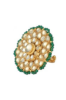 Gold Finish Kundan and Green Beads Ring