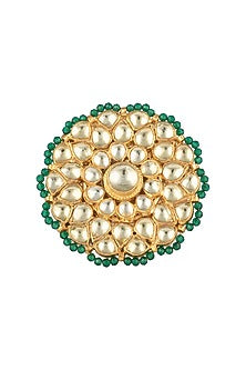 Gold Finish Kundan and Green Beads Ring