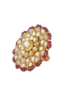 Gold Finish Kundan and Red Beads Ring