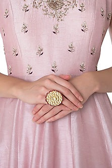 Gold Finish Kundan and Red Beads Ring