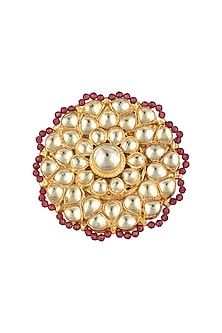 Gold Finish Kundan and Red Beads Ring