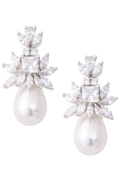 Silver Zircon and Pearl Drop Earrings