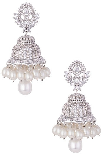 Silver plated faux diamond and pearl jhumki earrings