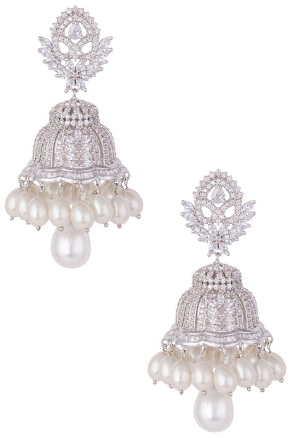 Silver plated faux diamond and pearl jhumki earrings