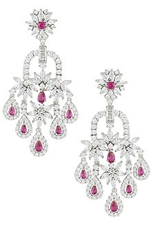 Silver Plated Faux Ruby Floral Dangler Earrings