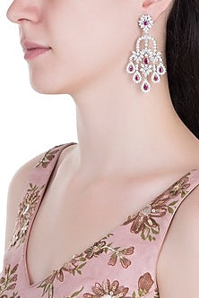 Silver Plated Faux Ruby Floral Dangler Earrings