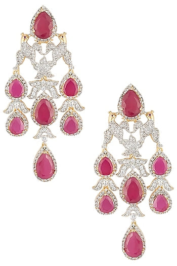 Silver Plated Bird Faux Ruby Floral Dangler Earrings