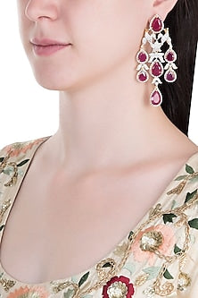 Silver Plated Bird Faux Ruby Floral Dangler Earrings