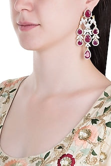 Silver Plated Bird Faux Ruby Floral Dangler Earrings