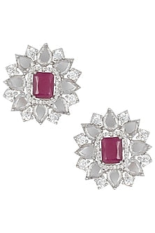 Silver Plated Rose Cut Diamond and Ruby Stud Earrings
