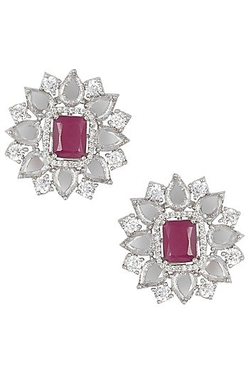 Silver Plated Rose Cut Diamond and Ruby Stud Earrings
